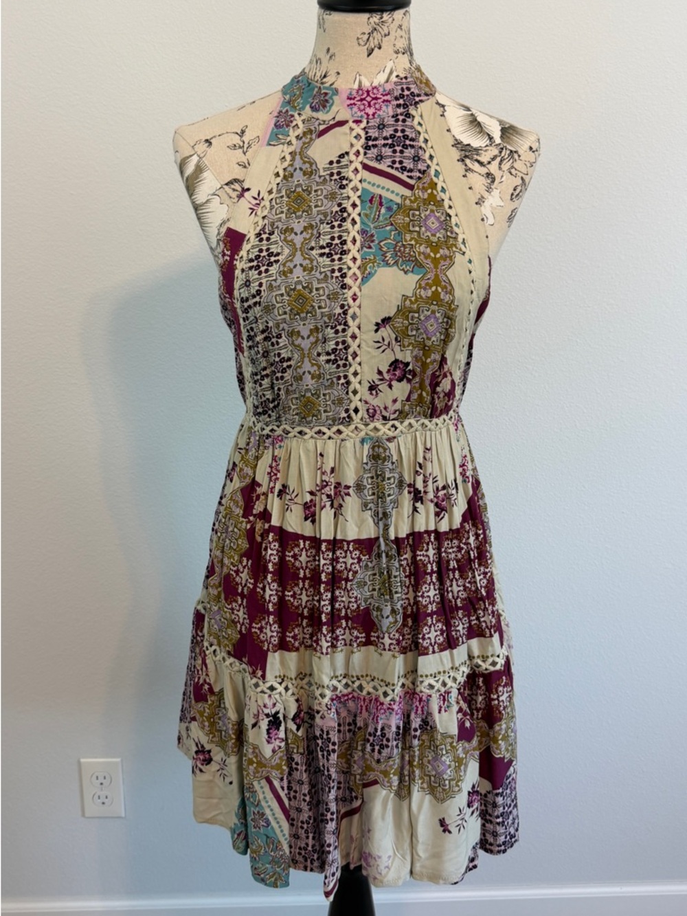 Jaase Cream Dress with Burgundy and Teal Patchwork